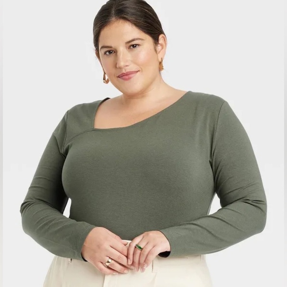 A New Day Green Asymmetrical Neck Long Sleeve Top Shirt Women’s XS Essential